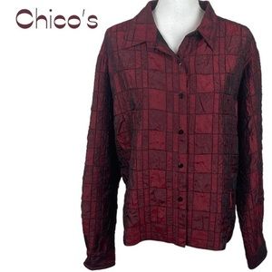 Chico’s Metallic Cranberry Red Crinkle Quilted Shirt Jacket NWOT